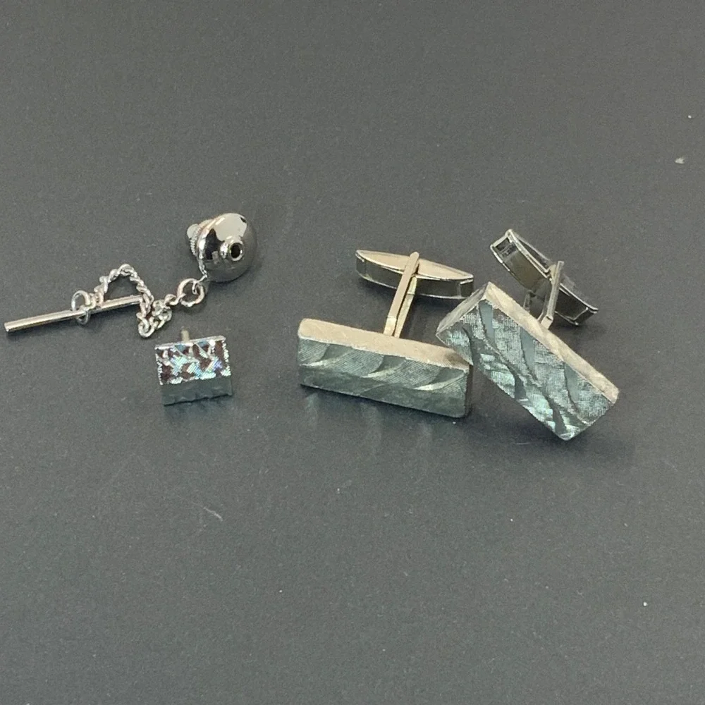 Vintage Silver Tone Textured Bark Pattern Cufflinks and Tie Tack Set Mens Formal
